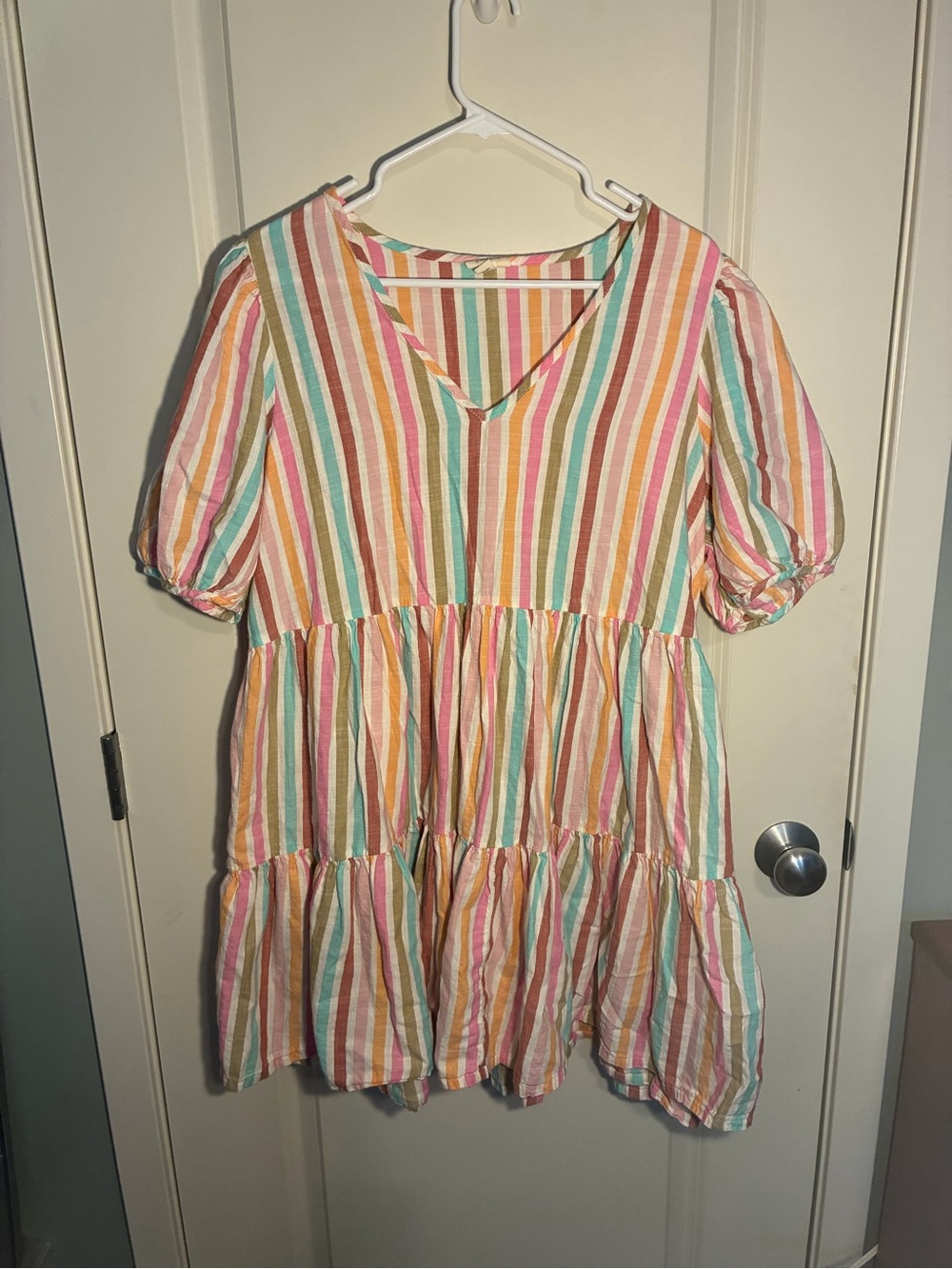 a.n.a A New Approach Pastel Striped Short Sleeve Tiered Babydoll Dress Large